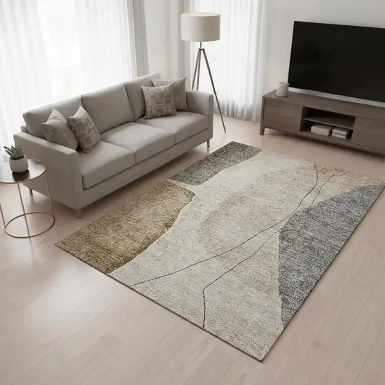Taupe Beige And Gray Abstract Washable Area Rug With UV Protection Photo 1