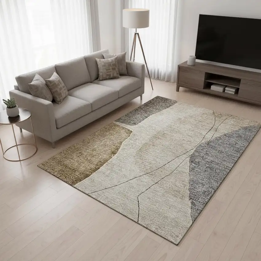 Taupe Beige And Gray Abstract Washable Area Rug With UV Protection Photo 1