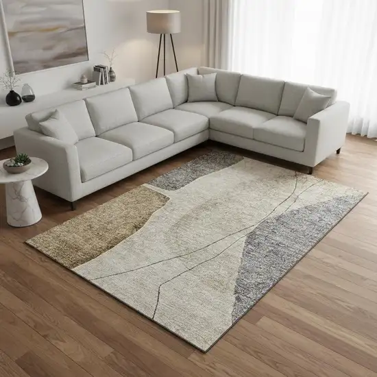 Taupe Beige And Gray Abstract Washable Area Rug With UV Protection Photo 1