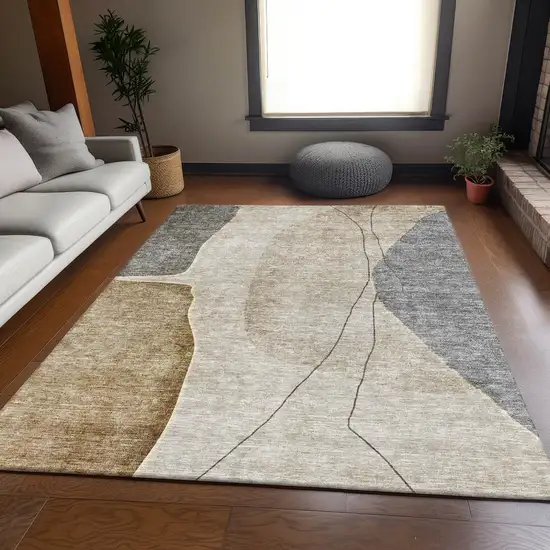 Taupe Beige And Gray Abstract Washable Area Rug With UV Protection Photo 4