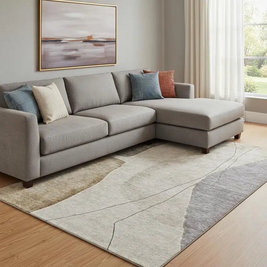 Taupe Beige And Gray Abstract Washable Area Rug With UV Protection Photo 1