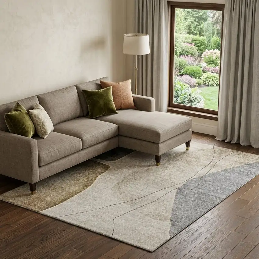 Taupe Beige And Gray Abstract Washable Area Rug With UV Protection Photo 1