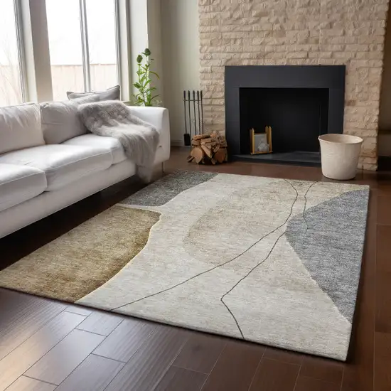 Taupe Beige And Gray Abstract Washable Area Rug With UV Protection Photo 5
