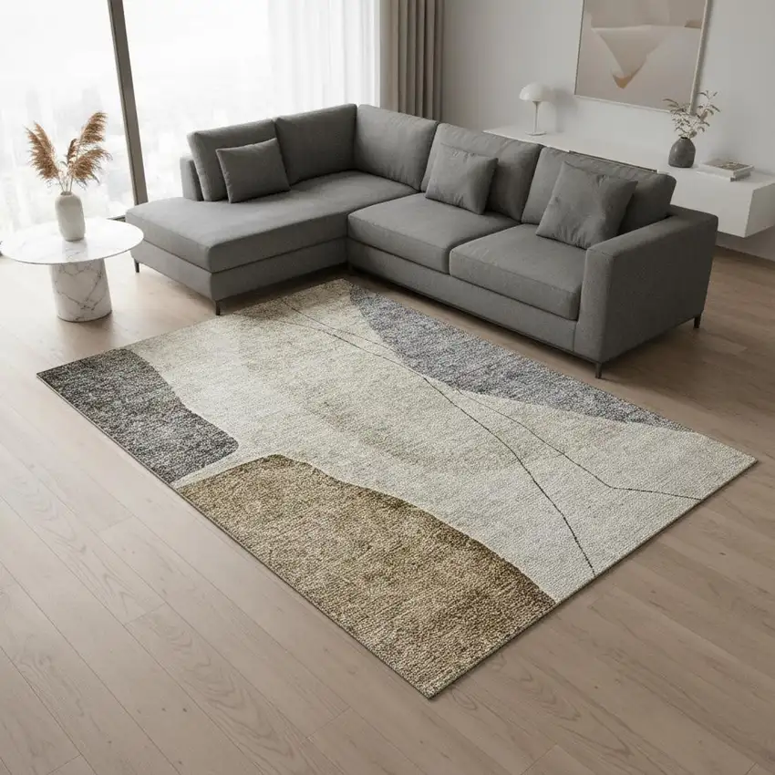 Taupe Beige And Gray Abstract Washable Area Rug With UV Protection Photo 1