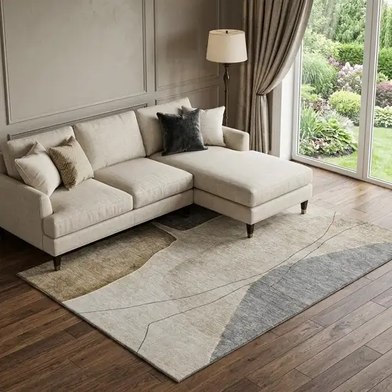 Taupe Beige And Gray Abstract Washable Area Rug With UV Protection Photo 1