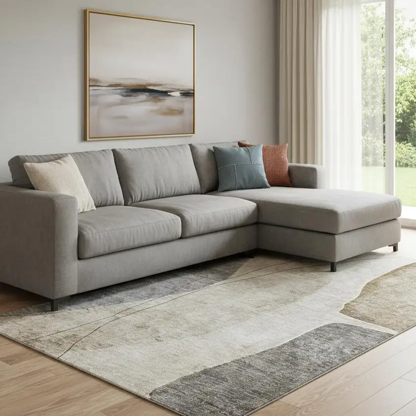 Taupe Beige And Gray Abstract Washable Area Rug With UV Protection Photo 1