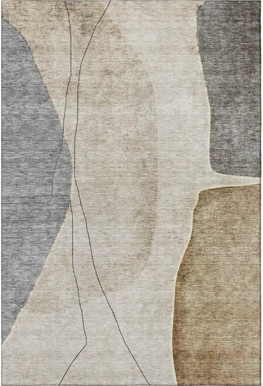 Taupe Beige And Gray Abstract Washable Area Rug With UV Protection Photo 4