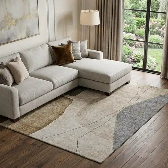 Taupe Beige And Gray Abstract Washable Area Rug With UV Protection Photo 1