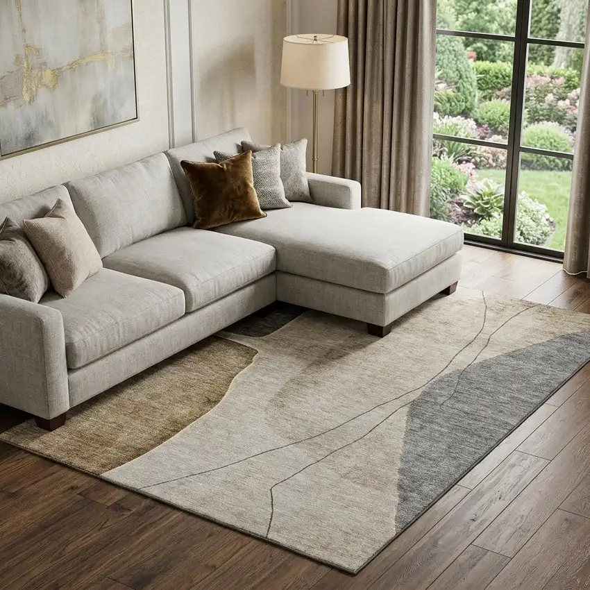 Taupe Beige And Gray Abstract Washable Area Rug With UV Protection Photo 1