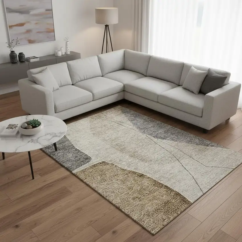 Taupe Beige And Gray Abstract Washable Area Rug With UV Protection Photo 1