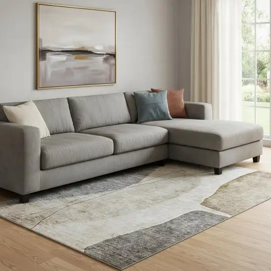 Taupe Beige And Gray Abstract Washable Area Rug With UV Protection Photo 1