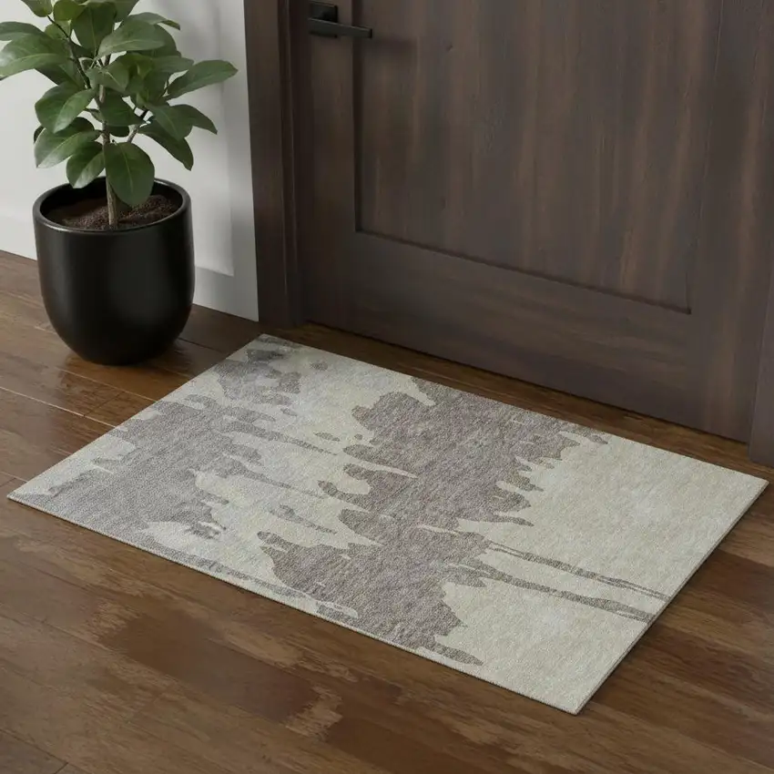 Taupe Beige And Gray Abstract Washable Area Rug With UV Protection Photo 1