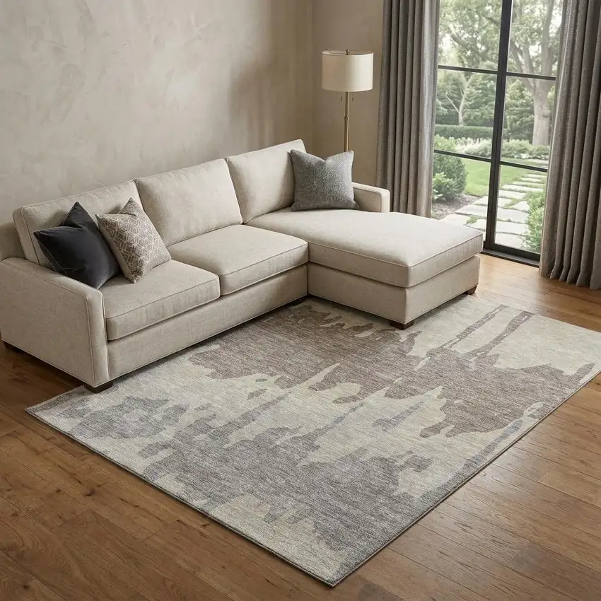Taupe Beige And Gray Abstract Washable Area Rug With UV Protection Photo 1