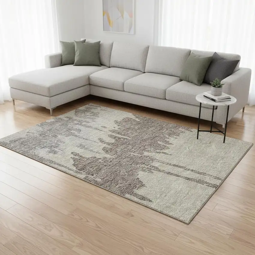 Taupe Beige And Gray Abstract Washable Area Rug With UV Protection Photo 2