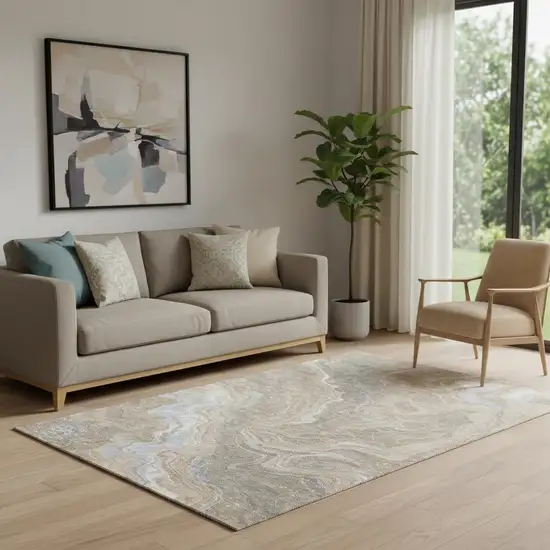 Taupe Beige And Gray Abstract Washable Area Rug With UV Protection Photo 2