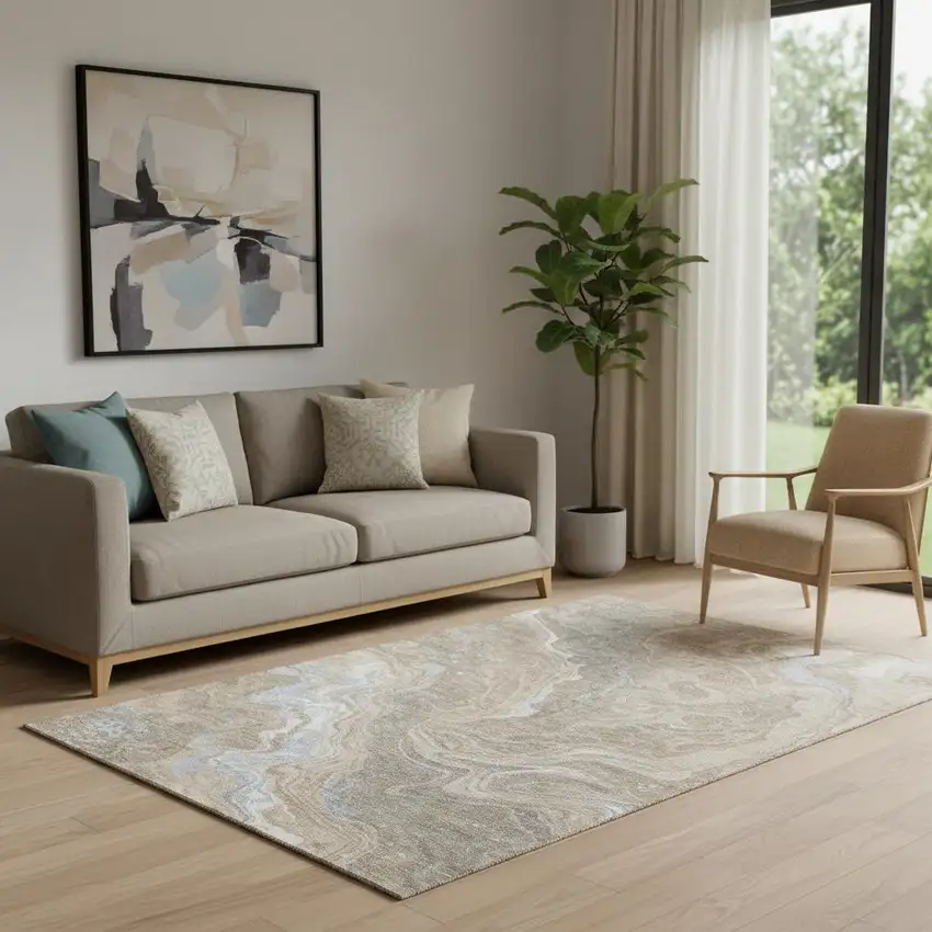 Taupe Beige And Gray Abstract Washable Area Rug With UV Protection Photo 2