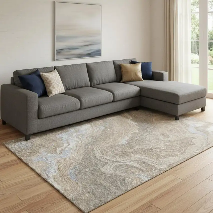 Taupe Beige And Gray Abstract Washable Area Rug With UV Protection Photo 2