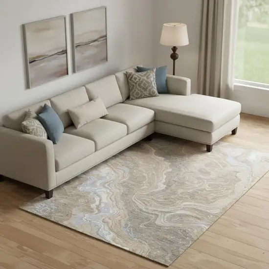 Taupe Beige And Gray Abstract Washable Area Rug With UV Protection Photo 2