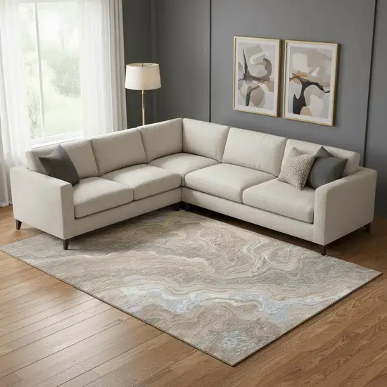 Taupe Beige And Gray Abstract Washable Area Rug With UV Protection Photo 2