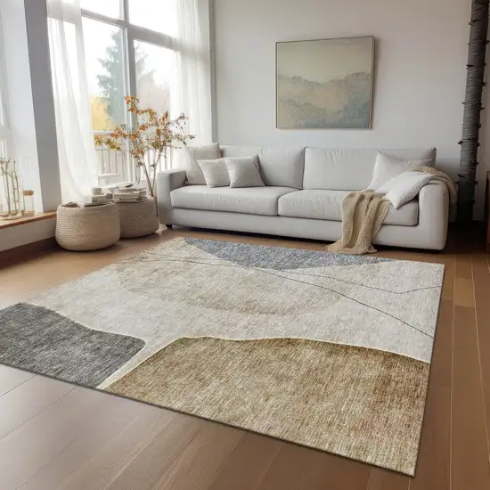 Taupe Beige And Gray Abstract Washable Indoor Outdoor Area Rug Photo 8