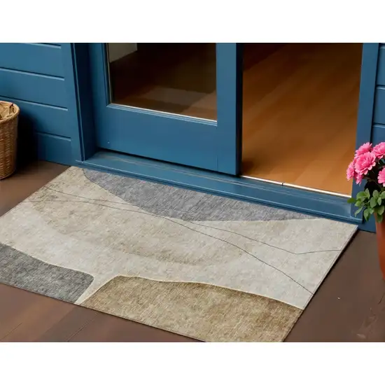Taupe Beige And Gray Abstract Washable Indoor Outdoor Area Rug Photo 1