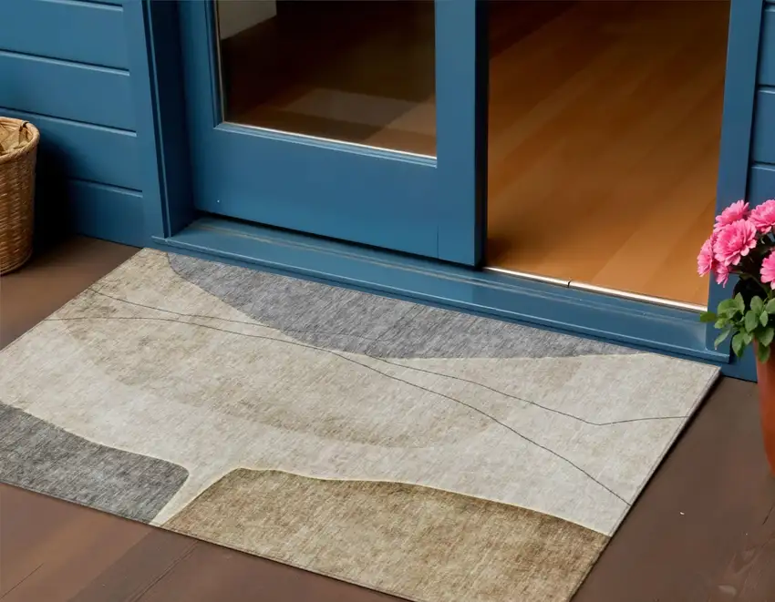 Taupe Beige And Gray Abstract Washable Indoor Outdoor Area Rug Photo 1