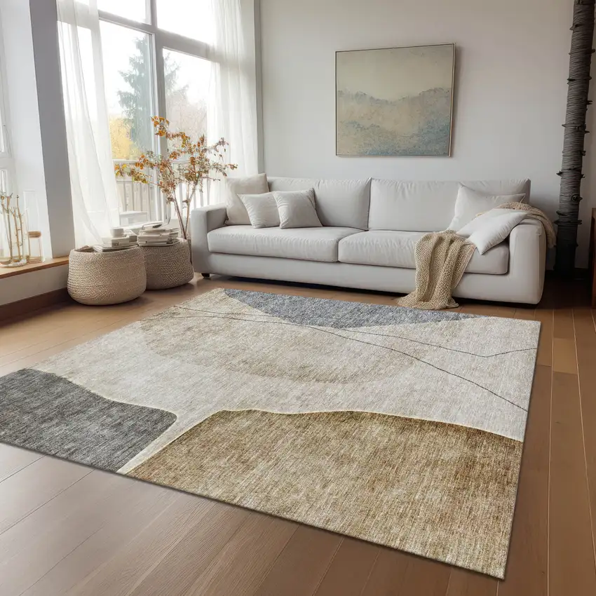 Taupe Beige And Gray Abstract Washable Indoor Outdoor Area Rug Photo 8