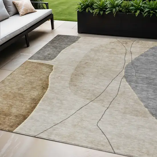 Taupe Beige And Gray Abstract Washable Indoor Outdoor Area Rug Photo 1