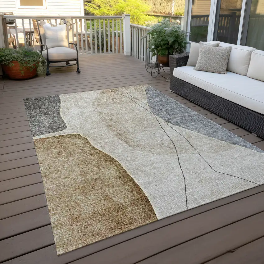 Taupe Beige And Gray Abstract Washable Indoor Outdoor Area Rug Photo 6