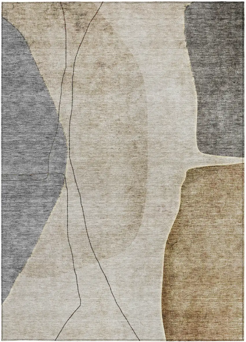 Taupe Beige And Gray Abstract Washable Indoor Outdoor Area Rug Photo 6