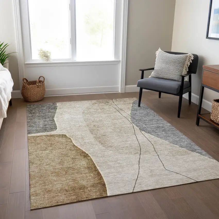 Taupe Beige And Gray Abstract Washable Indoor Outdoor Area Rug Photo 7