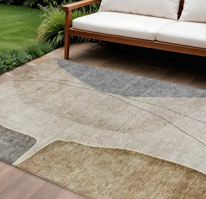 Taupe Beige And Gray Abstract Washable Indoor Outdoor Area Rug Photo 1