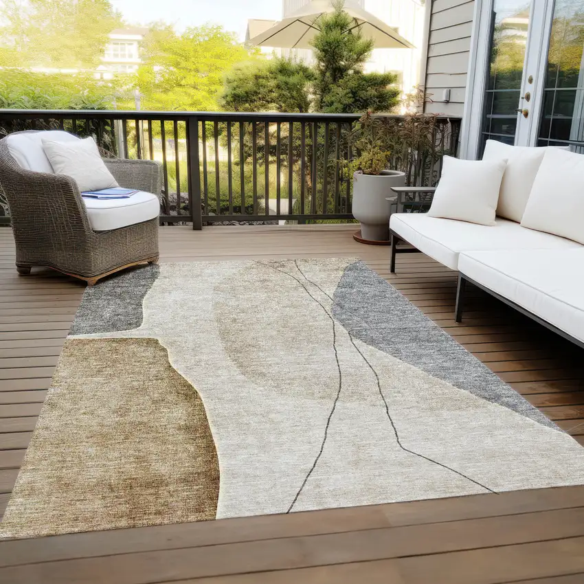Taupe Beige And Gray Abstract Washable Indoor Outdoor Area Rug Photo 9
