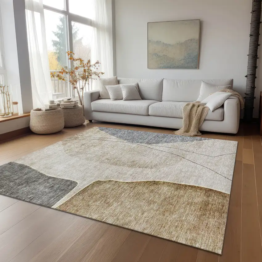 Taupe Beige And Gray Abstract Washable Indoor Outdoor Area Rug Photo 8