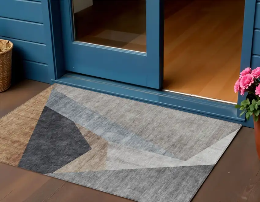 Taupe Beige And Gray Abstract Washable Indoor Outdoor Area Rug Photo 1