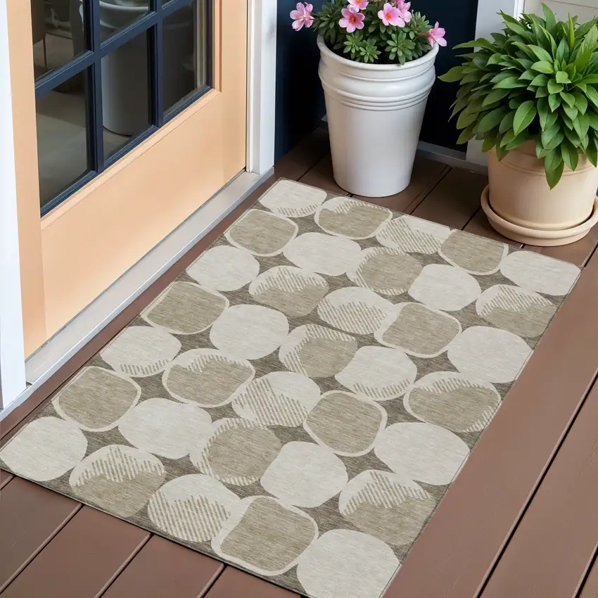 Taupe Beige And Gray Abstract Washable Indoor Outdoor Area Rug Photo 1