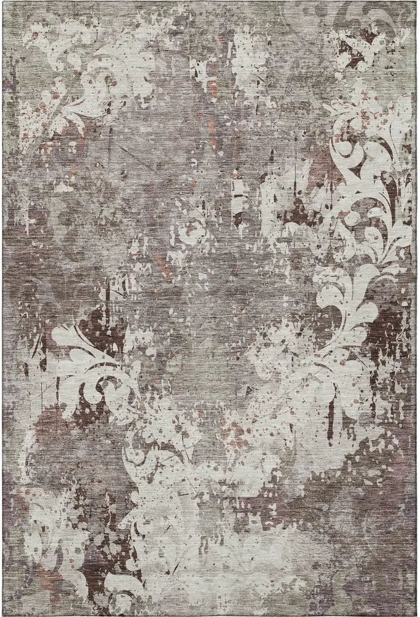 Taupe Beige And Gray Damask Washable Area Rug With UV Protection Photo 3