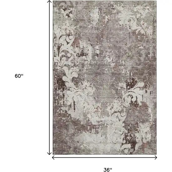 Taupe Beige And Gray Damask Washable Area Rug With UV Protection Photo 3