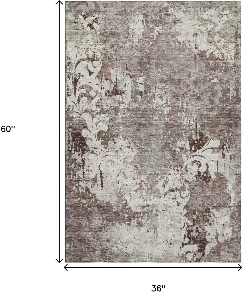 Taupe Beige And Gray Damask Washable Area Rug With UV Protection Photo 3