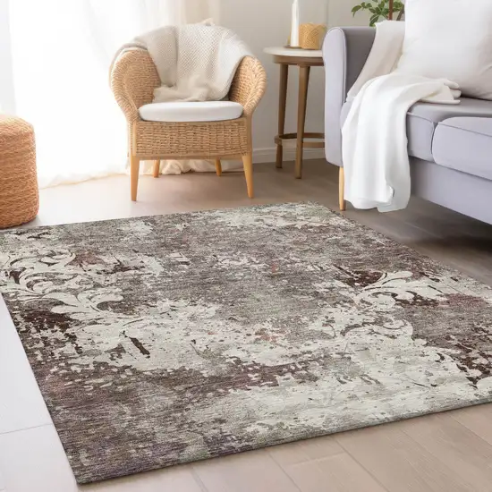 Taupe Beige And Gray Damask Washable Area Rug With UV Protection Photo 4