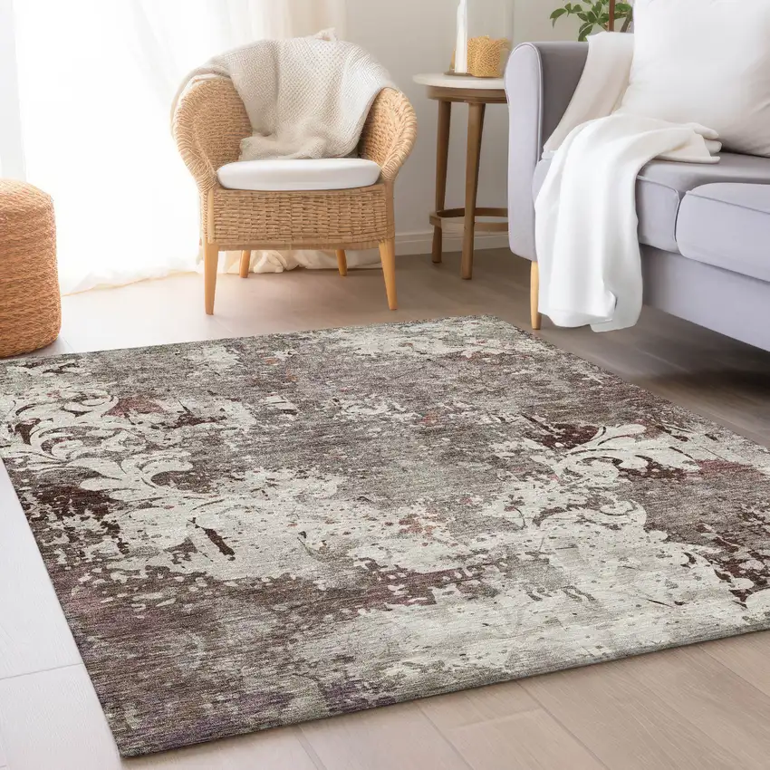 Taupe Beige And Gray Damask Washable Area Rug With UV Protection Photo 4