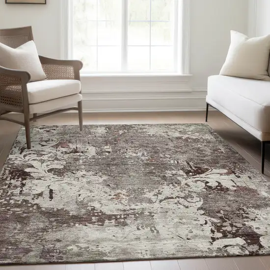 Taupe Beige And Gray Damask Washable Area Rug With UV Protection Photo 5