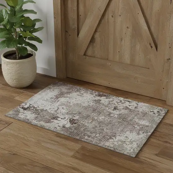 Taupe Beige And Gray Damask Washable Area Rug With UV Protection Photo 1