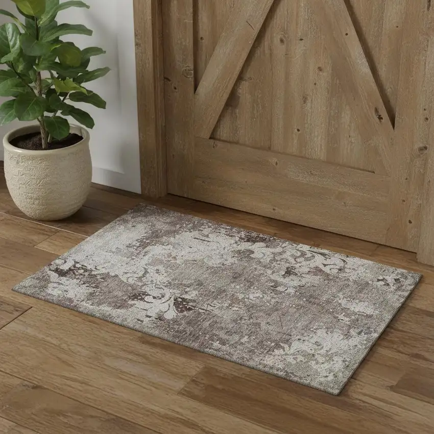 Taupe Beige And Gray Damask Washable Area Rug With UV Protection Photo 1