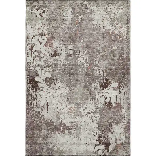 Taupe Beige And Gray Damask Washable Area Rug With UV Protection Photo 1