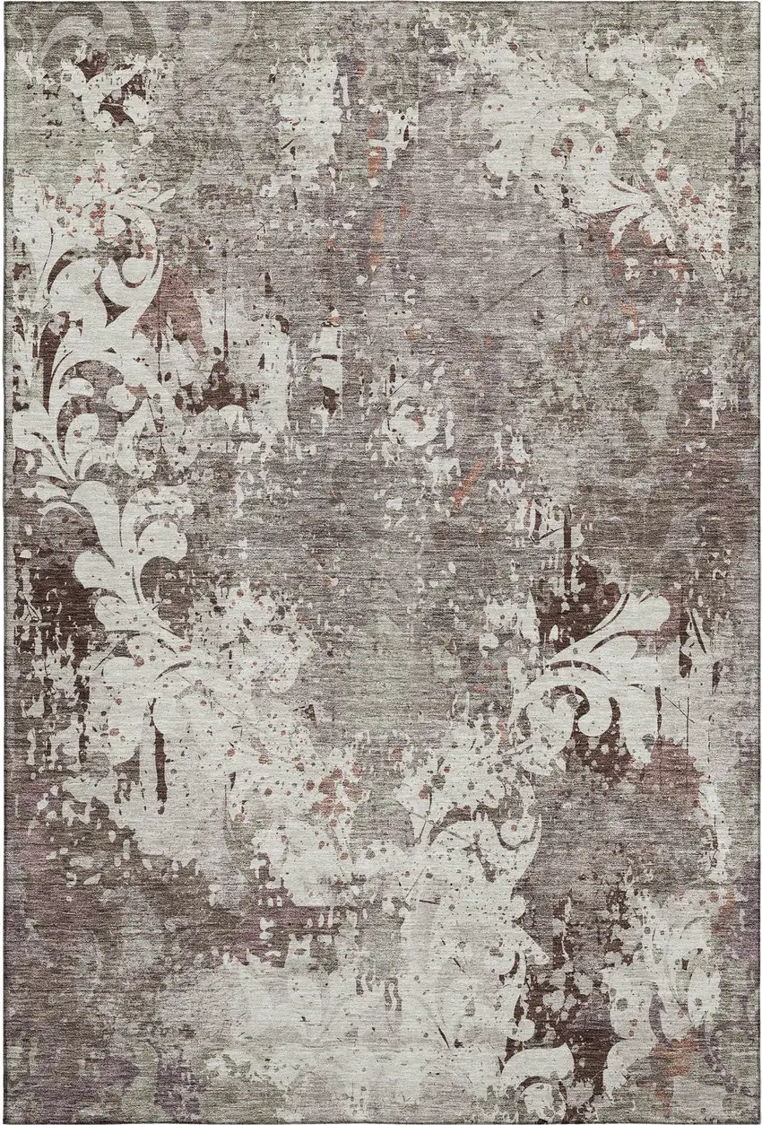 Taupe Beige And Gray Damask Washable Area Rug With UV Protection Photo 1