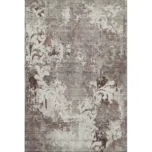 Photo of Taupe Beige And Gray Damask Washable Area Rug With UV Protection