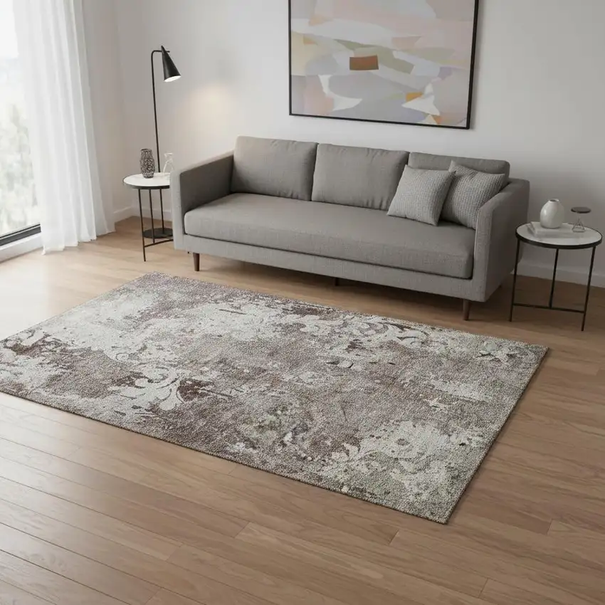 Taupe Beige And Gray Damask Washable Area Rug With UV Protection Photo 2