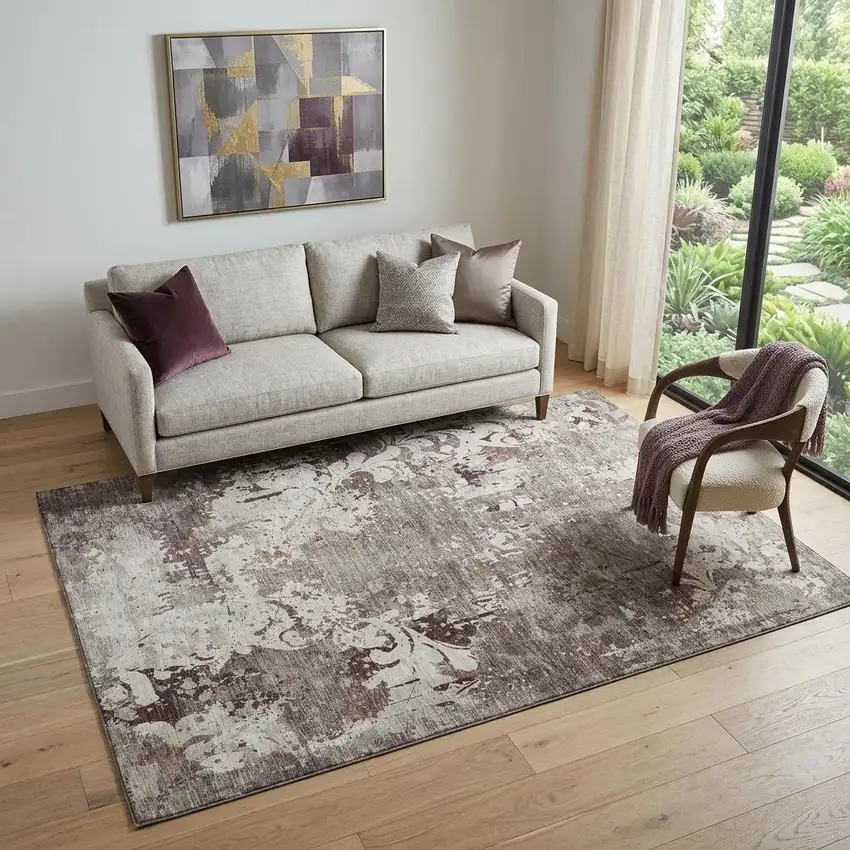 Taupe Beige And Gray Damask Washable Area Rug With UV Protection Photo 1