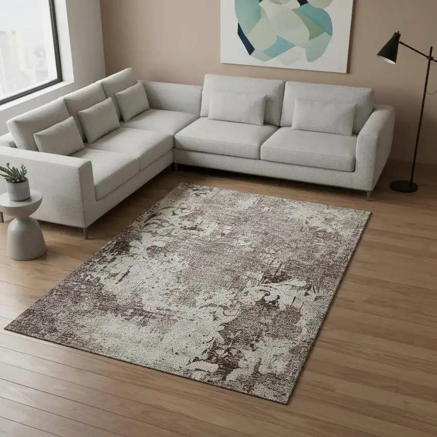 Taupe Beige And Gray Damask Washable Area Rug With UV Protection Photo 2